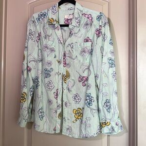 Charter Club Luxury Green Floral 100% Linen Button Down Top Large